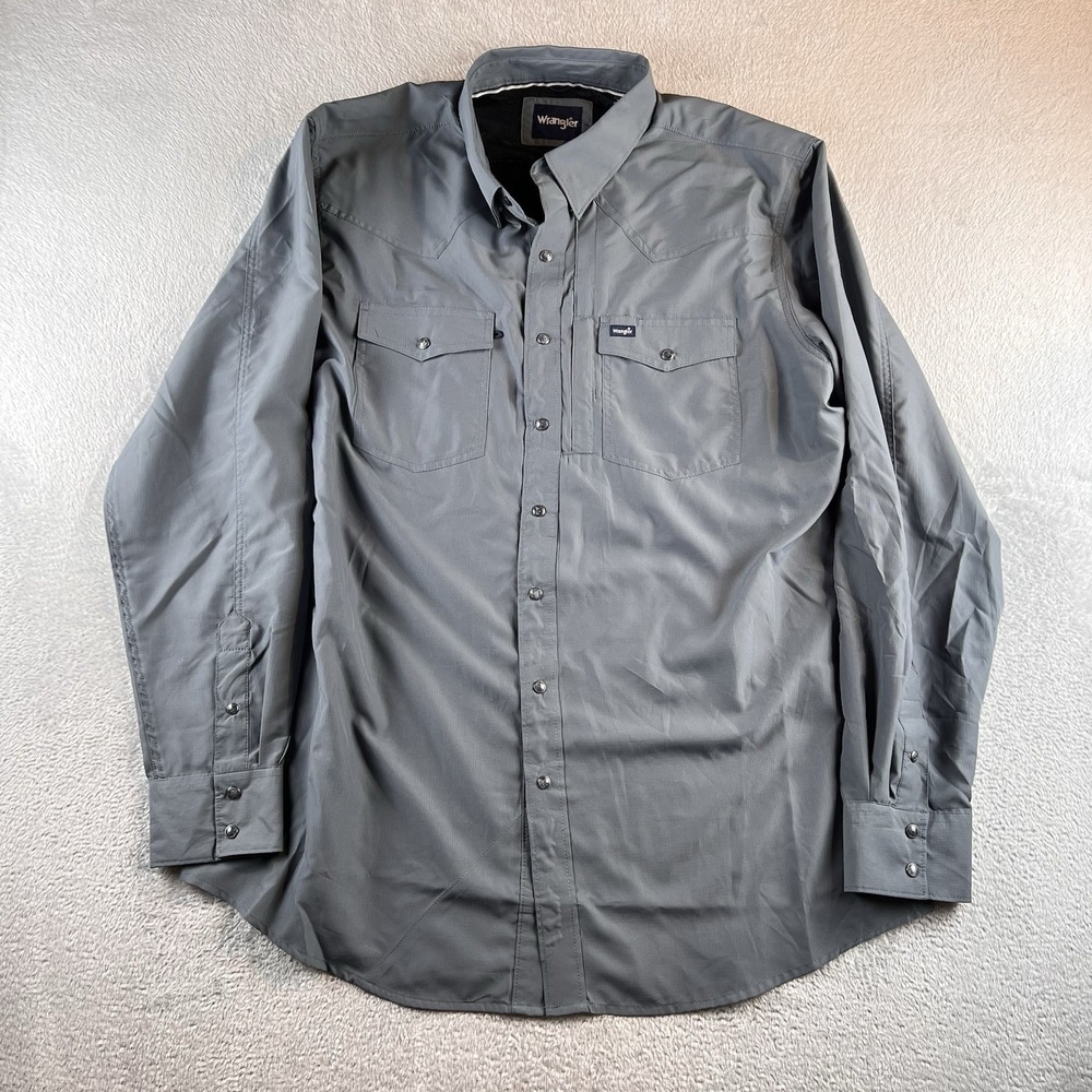 Wrangler Performance Pearl Snap Shirt Big Mens 2XT Gray Long Sleeve 112326073